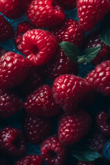Close up of ripe raspberries on dark background. Vertical format