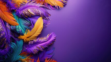 Elegant Mardi Gras Feathers. Capture the essence of Mardi Gras with a sophisticated arrangement of feathers.
