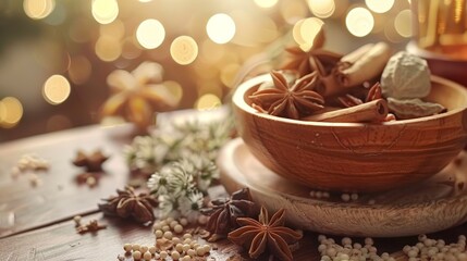 Fototapeta na wymiar Warmly lit festive scene with a wooden bowl filled with aromatic spices like cinnamon and star anise, perfect for holiday cooking.