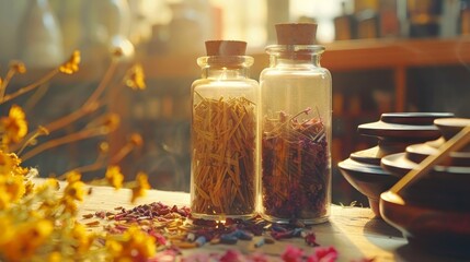 Sun-kissed glass jars filled with dried medicinal herbs on a wooden surface, evoking a sense of natural healing and wellness.