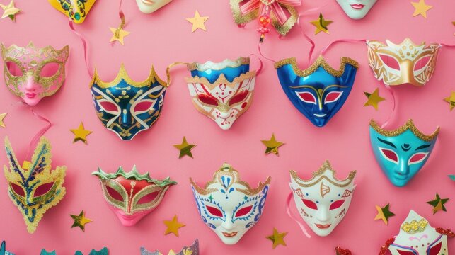 Abstract Purim Celebration. A playful and artistic composition of colorful masks and Judaica on a soft pink background, conveying the abstract joy of Purim.