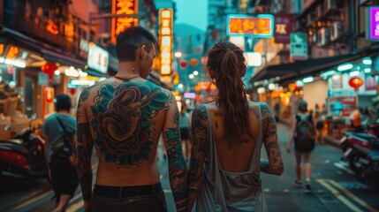 Obraz premium Edgy Tattoo Culture. Young couple walking hand in hand through a bustling city street