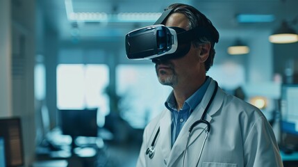 Mature doctor with stethoscope using virtual reality headset in modern hospital setting.
