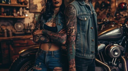 Obraz na płótnie Canvas Rebel couple showcasing intricate tattoos amidst vintage motorcycle gear.