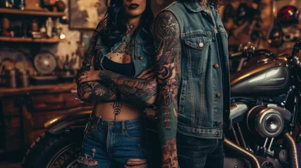 Gartenposter Rebel couple showcasing intricate tattoos amidst vintage motorcycle gear. © Postproduction