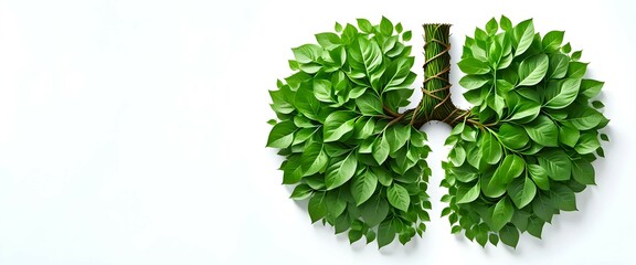 Fresh green leaves forming the shape of human lungs on white background representing World Health Day