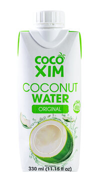A carton of 330ml Cocoxim coconut water juice isolated on white background