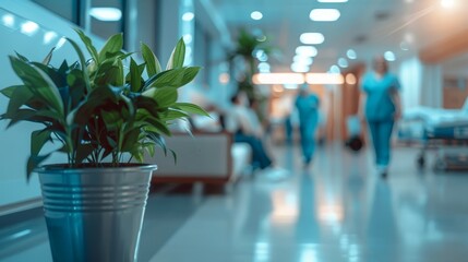 A potted plant in sharp focus with blurred healthcare workers walking in a hospital corridor in the background.