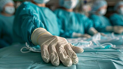 A surgical glove in focus with a team of blurred surgeons performing a procedure in the background in an operating room.