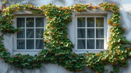Fototapeta na wymiar Green climbing tree, white window and plant wall