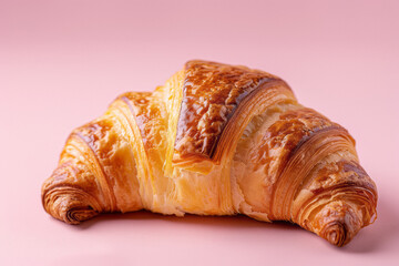 Close up of delicious croissants on a pink background. Homemade croissants.