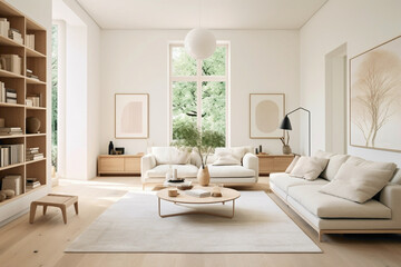 An airy beige living room exuding Scandinavian charm, with light hardwood floors, cozy rugs, and contemporary furnishings.