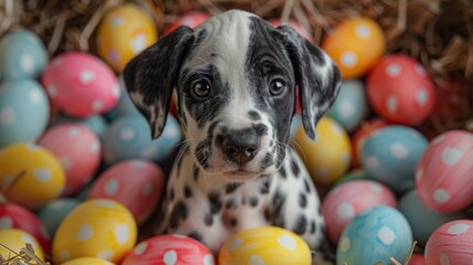 A funny Dalmatian puppy with Easter eggs painted on his face.