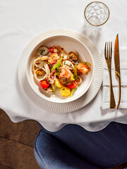 Delicious seafood platter as healthy eating and catering concept. Tasty meal of seafood as prawn, shellfish, mussel close up
