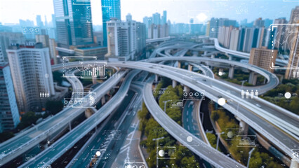 Modern cityscape with an intricate network of roads and digital interfaces for urban analytics.
