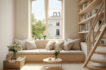 Stylish Scandinavian design featuring beige stairs and a comfortable window seating area.