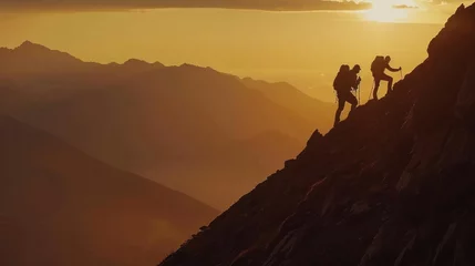 Group of hikers ascending steep mountain trail at sunset, illustrating teamwork and adventure in challenging environment. Outdoor activities and exploration. © Postproduction