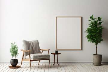 High-quality photo of a Scandinavian living room with a solitary chair, plant, and a blank frame...