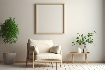Beige and Scandinavian aesthetics blend seamlessly in a living room, highlighting a chair, plant, and an empty frame for text.