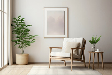 Discover tranquility in a Scandinavian-themed living room adorned with a wooden chair, a vibrant plant, and an awaiting empty frame.