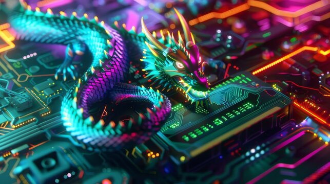 Neon lit GPUs power blockchain operations on Umbriel with a cyber dragon guarding the data fortress its scales reflecting the vibrant technology glow