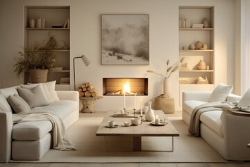Fototapeta na wymiar A serene Scandinavian living room bathed in soft beige hues, accented by minimalist furnishings, warm lighting, and natural accents.
