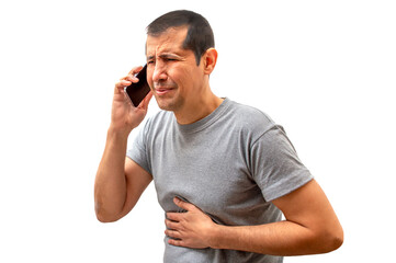 Cropped shot of an man suffering from stomach cramps and calling medical assistance on phone with white background