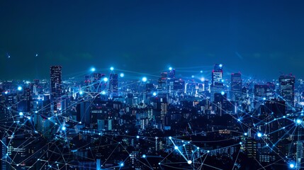 Modern city with wireless network connection and city scape concept.Wireless network and Connection technology concept with city background at night.  - obrazy, fototapety, plakaty