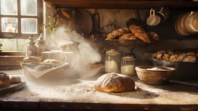 Heart warming scene in an old traditional kitchen, flour floating in the air, warmth and tradition conceptual imagery. 