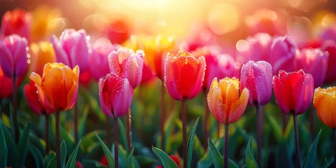 Tuinposter this colorful group of tulips is very pretty, in the style of sun rays shine upon it © Worrapol