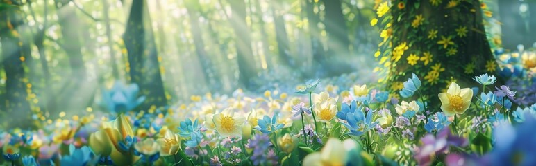 the sun shines on a beautiful forest, in the style of floral explosions, light blue and yellow, storybook-esque, delicate flowers