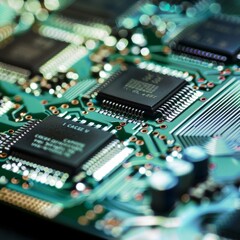 Fototapeta premium a close up image of a green electronic circuit board with electronic components