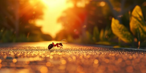 ant walking down the road at the sunset, in the style of photorealistic details, light gold and red - obrazy, fototapety, plakaty