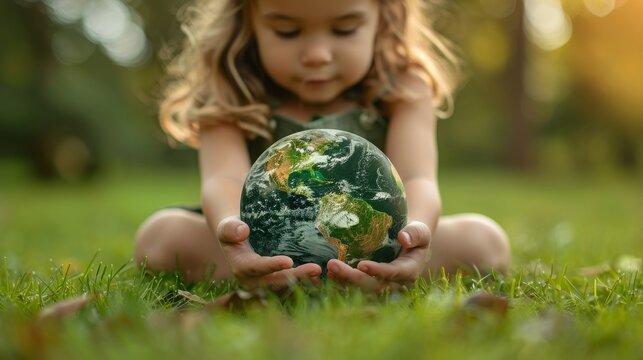 International children's day concept with girl kid raising earth on green lawn, CSR campaign with people, ESG campaign: NASA's image of international children's day.