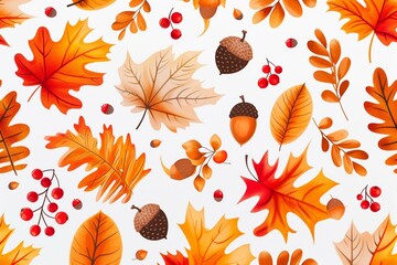 Fall seamless pattern with autumn leaves, berries and acorns in trendy style. Maple, oak and rowan leaf background for fabric, wallpaper or gift wrapping vector print - obrazy, fototapety, plakaty