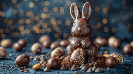 Fototapeta na wymiar Chocolate easter eggs, bunnies, and sweets on a dark blue background