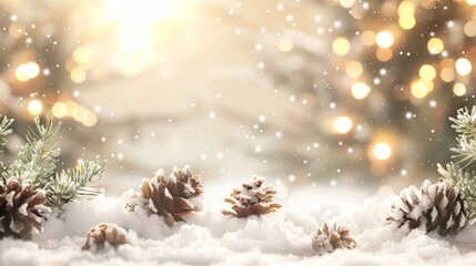 Fototapeta na wymiar Snow-covered pine cones and fir branches illuminated by warm, glowing lights, creating a cozy winter scene.