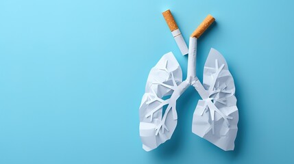 A blue background with a paper-cut image of a lung burn and a cigarette. - Powered by Adobe