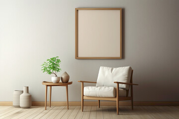 Fototapeta na wymiar A serene beige interior featuring a solitary chair, wooden accents, and a blank frame ready for personalized text.