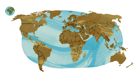 Ilustración del mapa mundi con texturas de acuarela. Plantilla de mapa del mundo con sus fronteras. América del Norte y del Sur, Europa y Asia, África y Australia