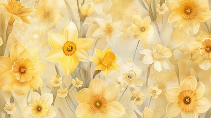 Playful watercolor floral pattern. Sunny yellow design with daffodils and tulips, ideal for textile prints or nature wallpapers, rendered in digital art with pastel hues.