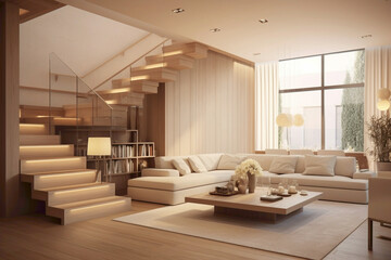 Contemporary living room featuring beige stairs and a wooden table, blending warmth and style.