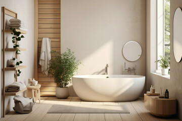 Fototapeta na wymiar A serene Scandinavian bathroom oasis with clean lines and soothing beige tones, featuring a freestanding tub against a backdrop of natural wood accents and a staircase leading to a small spa area.
