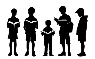 Hand drawn vector illustration  sketch of group of boy reading book 