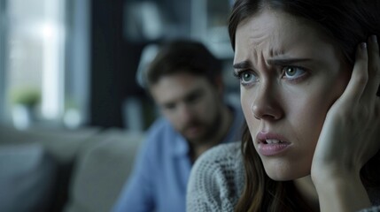 Upset young woman with a concerned look, man in the blurry background.