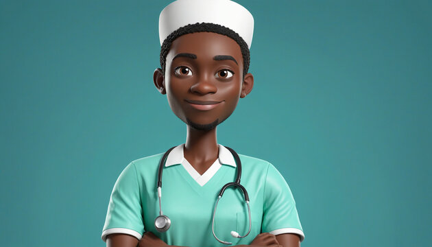3d render. African young man looks at camera. Funny cartoon character nurse with dark skin wears mint green shirt. Health care presentation. Medical clip art isolated on blue background