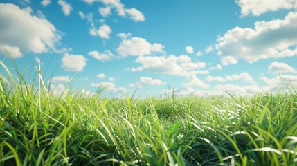 Obraz premium Fresh green grass blades. Tranquil scene under clear sky. Soft shadows in 3D rendering.