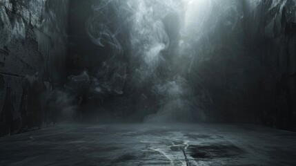 Moody studio room. Abstract cement walls with floating smoke for product displays. Dramatic backdrop.