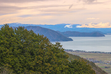 Mountains and Biwako Lake views. Japan nature landscape.