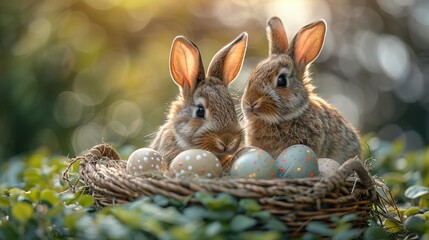 Fototapeta na wymiar Decorative Easter Eggs And A Bunny - Easter Card
